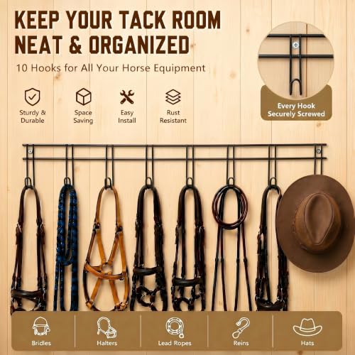 Yaocom 10 Hook 2 Pcs Bridle Hooks Tack Room Metal Wall Hangers Rack, Black - style: 10 Hook