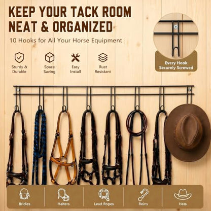 Yaocom 10 Hook 2 Pcs Bridle Hooks Tack Room Metal Wall Hangers Rack, Black - style: 10 Hook