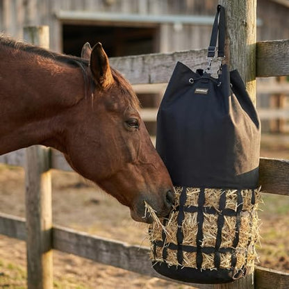 Hay Bags for Horses, Cylindrical Slow Feed Hay Bag | with Rounded Diamond Nets Design for Goats, Horse, Donkey, Large Easy-Fill Top with Drawstring and Adjustable Strap