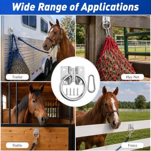 4pcs Horse Tie Rings with Snap Hooks and Screws for Barn Stall Trailer | Complete 4-ring set with 4 snap hooks and 16 screws for horse stalls, barns, trailers, hay nets, buckets and lead ropes