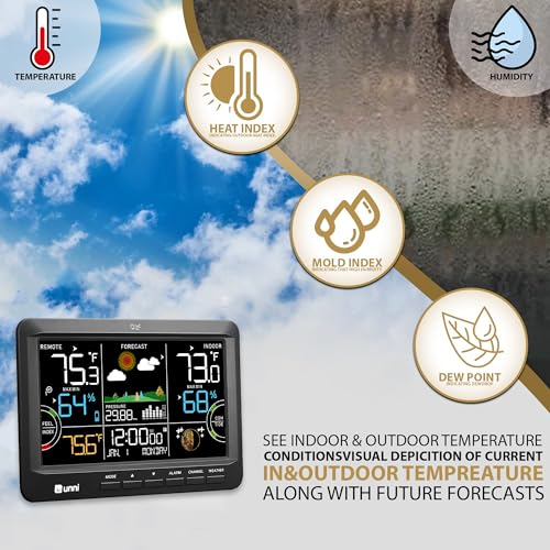 Weather Station Indoor Outdoor Thermometer Wireless Atomic Clock Black | Home Atomic Clock Large Constant Display, Inside Outside Temperature Humidity Monitor, Dew Heat Point, Barometer - color: Black