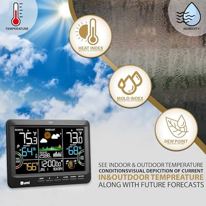 Weather Station Indoor Outdoor Thermometer Wireless Atomic Clock Black | Home Atomic Clock Large Constant Display, Inside Outside Temperature Humidity Monitor, Dew Heat Point, Barometer - color: Black