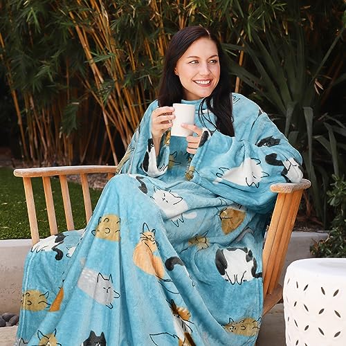 Catalonia Wearable Blanket with Sleeves for Women & Men, Fleece Wrap Throw - color: Blue Cat
