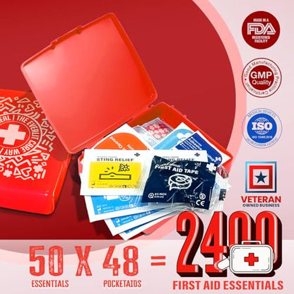 EVERLIT Pocket-Aid Mini First Aid Kit | Compact, Portable Hard-Shell Cases of 50 Items | Cuts, Scrapes, Wound Care Essentials for Travel, Outdoor, School, Camping, Home, Office (48 Packs | 2400 Pcs) - size: 48 Packs | 2400 Pcs