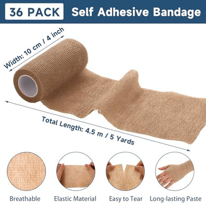 36 Pack Self Adhesive Bandage Wrap 4 Inch X 5 Yard Vet Wrap for Dogs Horses Elastic Cohesive Bandage Wrap Medical Wrap Wound Wrap for Injury First Aid Medical Sports Ankle Wrist Sprains - Nude
