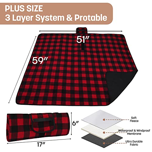 Tirrinia Waterproof Outdoor Blanket with Sherpa Lining, Windproof Foldable - color: Red Plaid - No Sherpa (Fleece Only), size: 51” x 59”