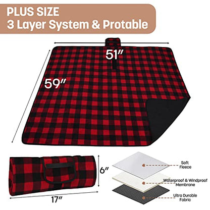 Tirrinia Waterproof Outdoor Blanket with Sherpa Lining, Windproof Foldable - color: Red Plaid - No Sherpa (Fleece Only), size: 51” x 59”