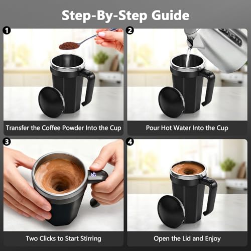 Self Stirring Coffee Mug with Temperature Display, 18 oz Rechargeable Self Stirring Mug with Lid, Automatic Self Stirring Cup, Coffee Mug with Stainless Steel for Coffee, Milk, Beverages, Black - color: Black