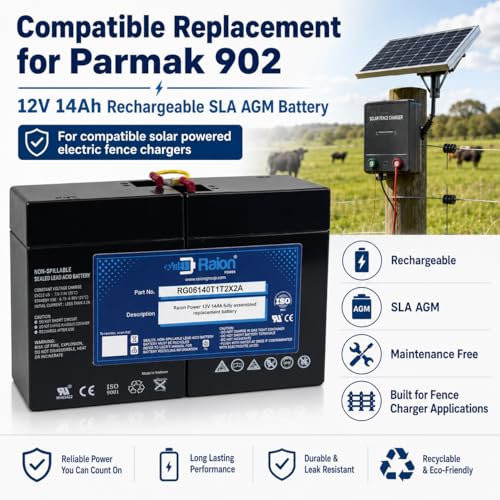 Raion Power Compatible Replacement 12V 14Ah Solar Electric Fence Battery for Parmak 902, MAG12SP, and MAG12 SP RG06140T1T2X2A