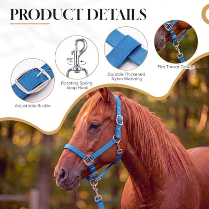 2 Pack Nylon Horse Halter with Reins Adjustable - color: Blue