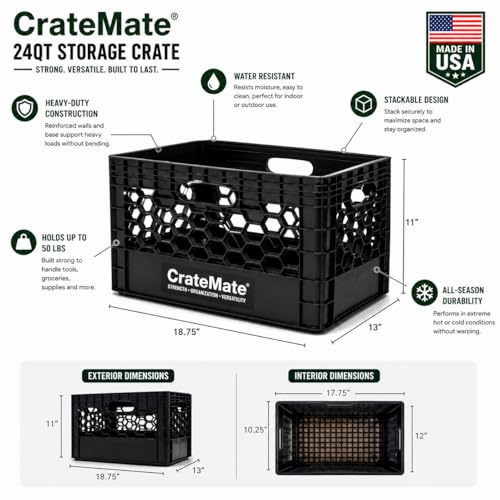 Heavy-Duty Black Milk Crates for Storage, Organization & DIY | Perfect for Home, Camping, Worksite, & More - USA Made, Stackable, Durable (24 Quart) - size: 24 Quart