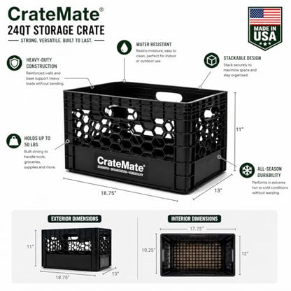 Heavy-Duty Black Milk Crates for Storage, Organization & DIY | Perfect for Home, Camping, Worksite, & More - USA Made, Stackable, Durable (24 Quart) - size: 24 Quart