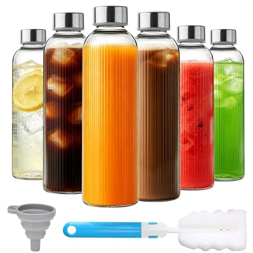 Ribbed Glass Water Bottles with Lids, 18 oz Reusable Juice Bottles with Stainless Steel Lid, 100% Leak Proof, BPA Free, Juicing Beverage Storage Containers for Refrigerator(Set of 6) - color: 6 PACK