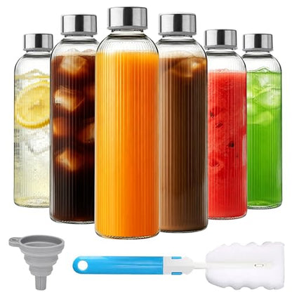 Ribbed Glass Water Bottles with Lids, 18 oz Reusable Juice Bottles with Stainless Steel Lid, 100% Leak Proof, BPA Free, Juicing Beverage Storage Containers for Refrigerator(Set of 6) - color: 6 PACK