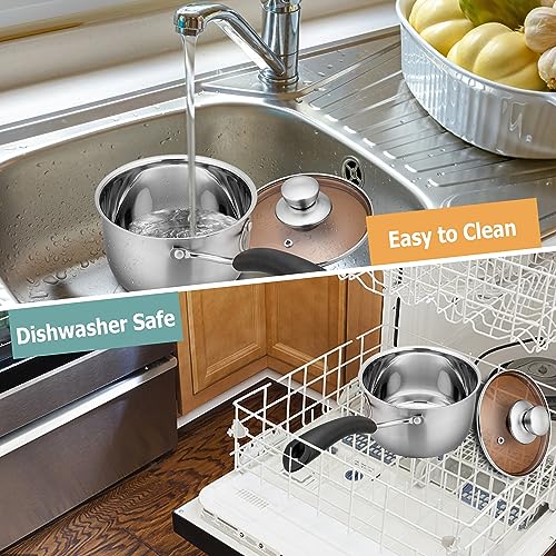 TeamFar 1qt & 2qt Saucepan with Lid, Stainless Steel Small Cooking Pot | Milk Sauce Pan with Long Handle for Home Kitchen, Non-Toxic & Heavy-Duty, Multi-use & Dishwasher Safe - size: 1QT+2QT