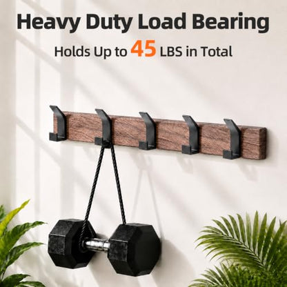 17 Inch Black Walnut Wood Wall Mounted Coat Rack with 4 Black L Hooks, Adhesive Mounted Entryway Hooks, Modern Natural Wooden Pegs for Hanging Coat Clothes Hat Bag Purse Key and Towel - color: Coat Rack with 5 L Hooks