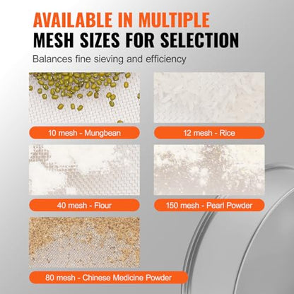 VEVOR Flour Sieve, 80 Mesh Strainer, 304 Stainless Steel Fine Mesh, Dia. 12.6", "Sifter for Baking, 5 Sizes Mesh hole for Mungbean, Rice, Flour, Pearl Powder - style: 80 Mesh
