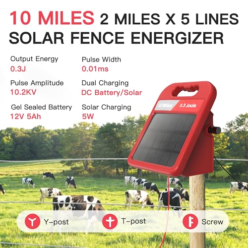10 Mile Solar Fence Charger 0.3J Electric Fence Energizer with Day Night Mode 24-Hour Protection Red - size: 0.3J-Hong