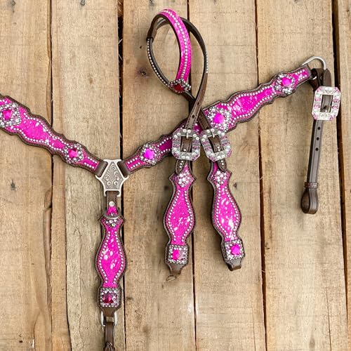 Western One Ear Leather Headstall and Breast Collar Tack Set with Rhinestones, Pink Silver Metallic Acid Wash Cowhide Look, Full Average Size Horse