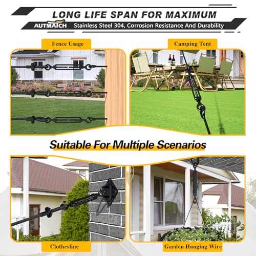 AUTMATCH M5 Eye & Eye Turnbuckle - 304 Stainless Steel Wire Rope Tensioner | Adjustable Turnbuckle for Cable Railing, Fence & Shade Sail Hardware, Wire Rope Tension Kit, 6-Pack, Black - color: Black Tone - Eye & Eye, size: M5