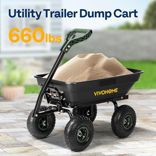 VIVOHOME 660lbs Wheelbarrow Dump Garden Cart with 2-in-1 Convertible Handle | Attach to ATV or Tractor, 10" All Terrain Wheels, Heavy Duty Utility Trailer for Yard - color: Green