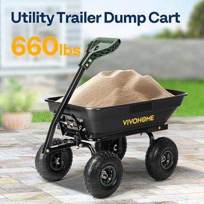 VIVOHOME 660lbs Wheelbarrow Dump Garden Cart with 2-in-1 Convertible Handle | Attach to ATV or Tractor, 10" All Terrain Wheels, Heavy Duty Utility Trailer for Yard - color: Green