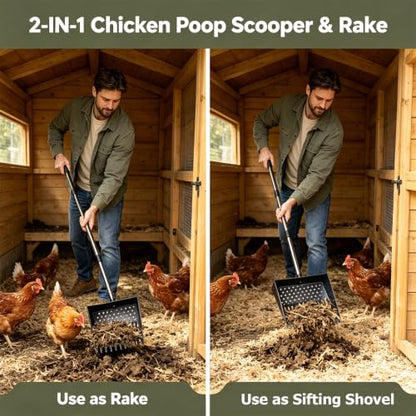 2-in-1 Chicken Poop Scooper & Rake, Telescopic Stainless Steel Handle, Multifunctional Chicken Coop Cleaner for Sand, Bedding and Manure Cleaning