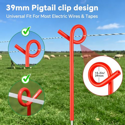 30Pcs 41" Systems Pig Tail Step-in Electric Fence Post for Livestock, Red - color: Red