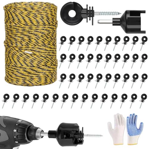 Electric Fence Wire Kit - Upgraded 660 Feet 9 Strands Electric Fence Polywire with Reliable Conductivity & Rust Resistance - 50 Pcs Electric Fenceing Insulator with 1 Pcs Socket Tool & Gloves - color: 656FT-KIT