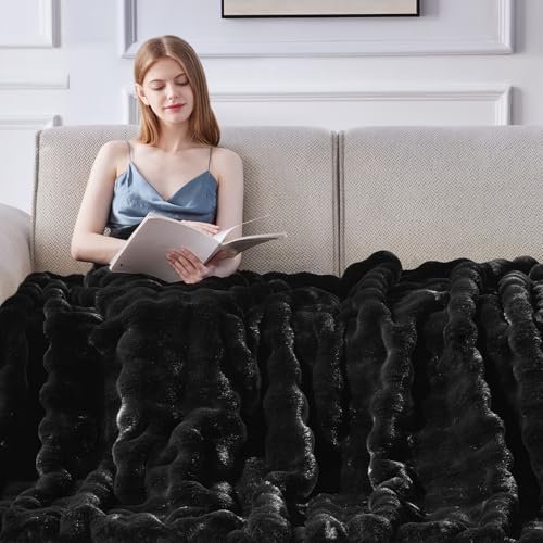 Anysay Faux Fur Throw Blanket, 1000GSM Fluffy Soft Bubble Blanket 80''*90'' - color: Black, size: Queen