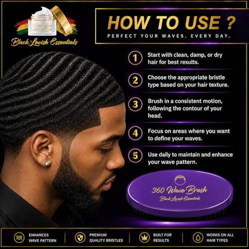 360 Wave Brush, Build Deeper Waves, Soft & Hard Boar Bristle Curved Brushes BLACK LAVISH ESSENTIALS Hard Bristle (Medium-Hard Brush, Purple) - color: Purple, size: Medium-Hard