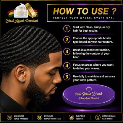 360 Wave Brush, Build Deeper Waves, Soft & Hard Boar Bristle Curved Brushes BLACK LAVISH ESSENTIALS Hard Bristle (Medium-Hard Brush, Purple) - color: Purple, size: Medium-Hard