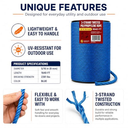 Heavy Duty PP/Polyester/Nylon Rope on Spool, Blue, 5/16inX1640FT | Weather-Resistant & Waterproof for Pool, Marine, Boating, Camping, Household, Towing, Construction & Rigging Applications - color: Blue, size: 5/16in X 1640FT