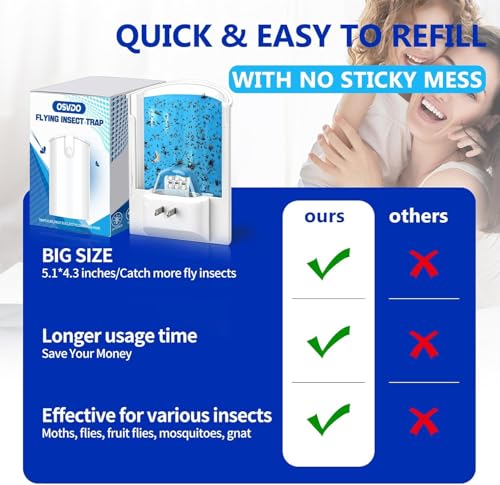OSVDO Blue UV Light Flying Insect Trap, Plug-in Bug Catcher with 4 Refills | Indoor Fly Trap for 100+ Days, Fly Catcher for Flies, Fruit Flies, Gnats, Moths, Silent for Home, Kitchen - size: 1 Device & 4 Refills