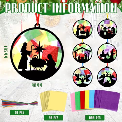 AmazingSpark 30 Pcs Nativity Ornaments Craft Kits, Suncatchers DIY Xmas | Birth of Jesus Stained Glass Tissue Art, Christian Religious Education, Church Classroom Party Activities Bulk Set - style: Christmas Nativity