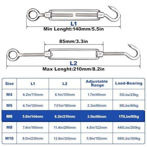 TooTaci 10PCS M6 Turnbuckle, 304 Stainless Steel Turnbuckle Hook and Eye | Turnbuckle Wire Tensioner, 220lb Adjustable Turnbuckles for Cables Wire, Shade, Cable Tightener, Garden Trellis, Clothesline - size: M6 OC-10Pcs