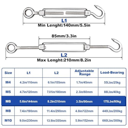 TooTaci 10PCS M6 Turnbuckle, 304 Stainless Steel Turnbuckle Hook and Eye | Turnbuckle Wire Tensioner, 220lb Adjustable Turnbuckles for Cables Wire, Shade, Cable Tightener, Garden Trellis, Clothesline - size: M6 OC-10Pcs