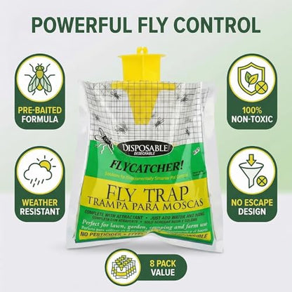 8-Pack Hanging Fly Trap Set with Disposable Bags; Includes Bait, Non-Toxic; Ideal for Backyards, Farms, Barns, Patios, and Gardens