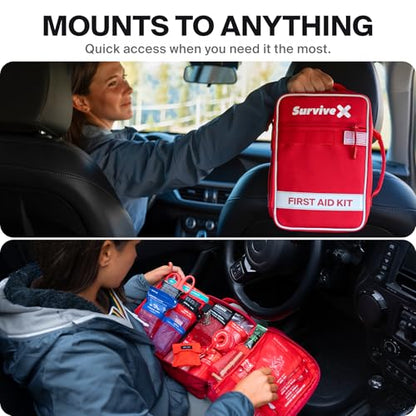 SurviveX Large First Aid Kit, Emergency Kit for 3-4 People | Labeled Pockets, Zip Stitch Wound Closures, Mountable, Quick Access, For Home, Car, Camping - size: Large