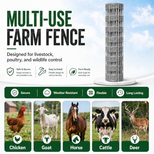 15-Gauge Galvanized Cattle Fence, Fixed-Knot Livestock Field Fence, Woven Wire Farm Fencing for Goat, Sheep, Deer, Hog and Horse - size: 5.9*164FT