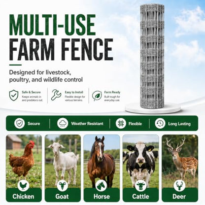 15-Gauge Galvanized Cattle Fence, Fixed-Knot Livestock Field Fence, Woven Wire Farm Fencing for Goat, Sheep, Deer, Hog and Horse - size: 4.9*328FT