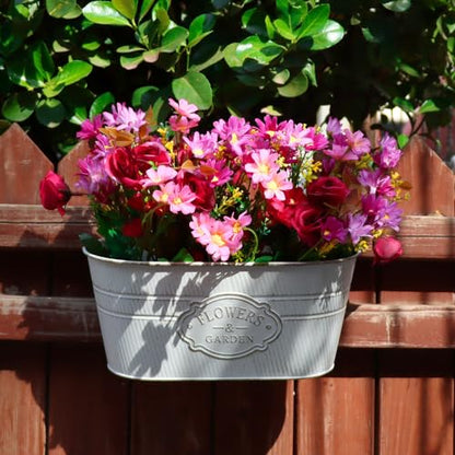 3 Pack Metal Railing Planters, 10.5" Oval Hanging Flower Pots with Detachable Hooks & Drainage Holes, Fits Rails up to 2.36", Galvanized Iron Fence Bucket for Balcony Garden Patio - Letter White - color: Letter White, size: 3 Pack, 10.5"L x 5.7"W x 4.7"H