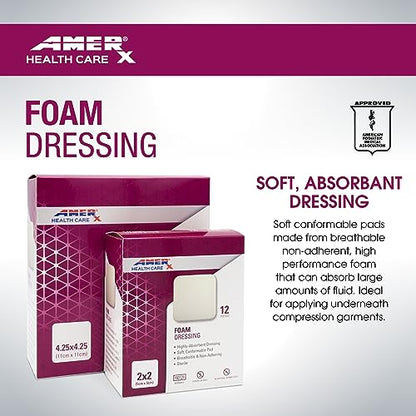 AMERX Foam Dressing - Wound Dressing Pads - Waterproof Barrier - Breathable, Self-Adhesive Border - 12 Count Per Box - size: 2" x 2" Pad