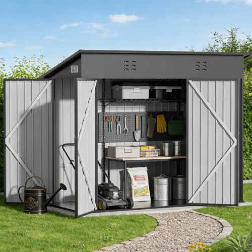 COMHOMA Shed Outdoor Storage Shed Metal,Lockable Doors Tool Sheds with Sloping Roof,Steel Garden Shed with Air Vent for Backyard,Patio,Lawn,Poolside(Gray,7'*3') - color: Gray, size: 7'*3'