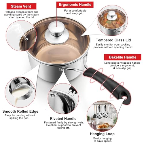 1QT Saucepan with Lid, Joyfair 18/10 Stainless Steel Small Sauce Pan Pot | Kitchen Cookware Milk Pot with Glass Lid for Cooking Stewing Boiling Spaghetti Soup, Heat-proof Handle, Dishwasher Safe - size: 1 Quarts