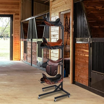 4 Tier Saddle Rack Stand with Wheels Adjustable Holder for Western & English Saddle Portable Heavy Duty Tack Rack Supports to 250Lbs Holds Tack Pad Blanket Accessories etc for Horses