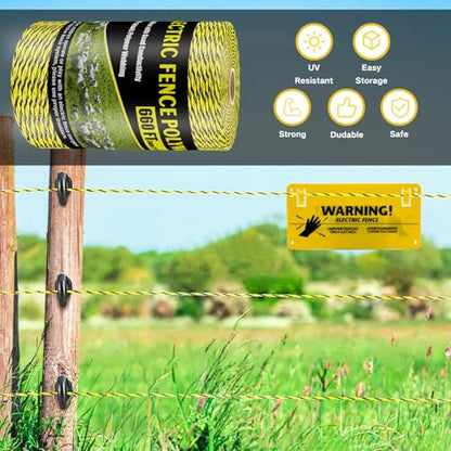 NQN Upgrade Electric Fence Polywire 660FT,200 Meters, 6 Stainless Steel Strands for Reliable Conductivity, Portable Electric Fencing, UV Resistant, Rust Resistant, Highly Conductive, Easy to Install - size: 660 Feet