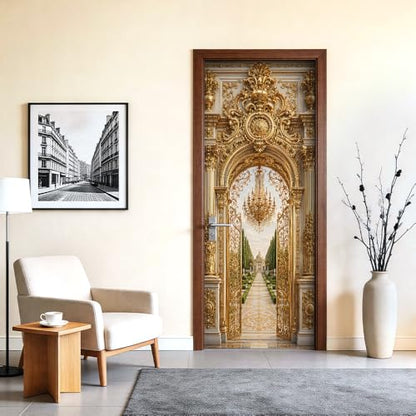 Gold Garden Arch Door Mural, Luxury Palace Entry Door Cover - color: Colorful2873