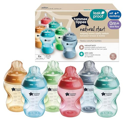 Tommee Tippee Natural Start Baby Bottles, Anti-Colic, 0m+, 9oz | Pack of 6, Slow Flow Breast-Like Nipple, Self-Sterilizing, Seamless Bottle-to-Breast Transition, Fiesta Colors, BPA Free - color: Fiesta
