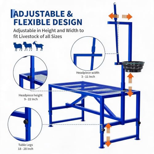 400LBS Goat Milking Stand with Feed Bin, 35" Adjustable Grooming Table - color: Blue, size: 35 inch